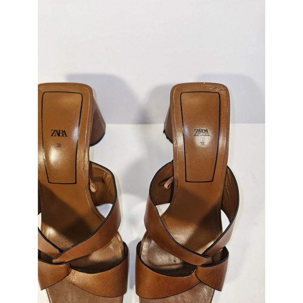 Zara Women's Brown Leather Slide On 2 Heel Sandals Size 7.5 EUR 38 - Picture 2 of 9